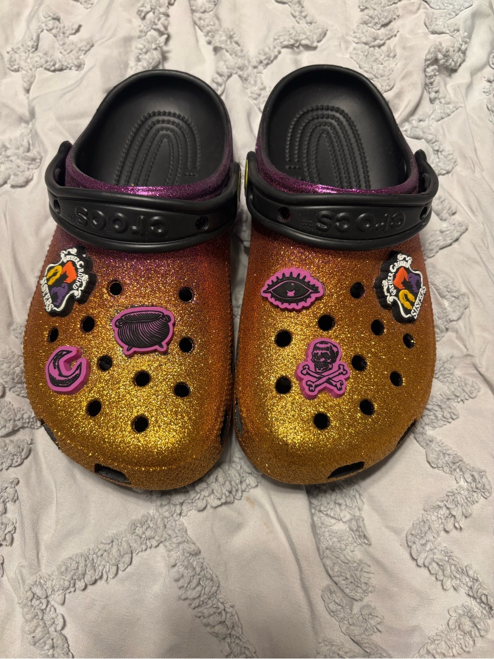 CROCS Glitter Gold Clogs with Purple Trim and Novelty Charms
